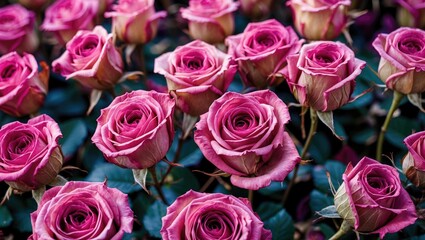 Poster - Pink roses with lush green leaves creating a beautiful floral background Copy Space