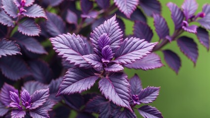 Aufkleber - Vibrant purple leaves of a plant in natural light with blurred green background showcasing detailed leaf structure and texture Copy Space