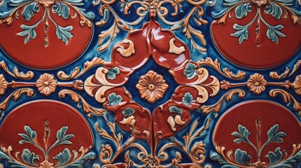 Poster - Vintage ceramic tile design with ornate patterns and vibrant colors in red, blue, and green tones. Copy Space.