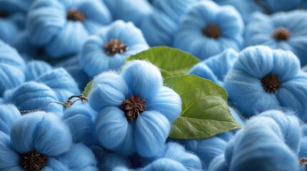Poster - Blue floral arrangement featuring fluffy soft flowers and green leaves on a textured background with Copy Space