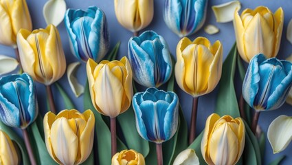Poster - Colorful arrangement of yellow and blue tulip flowers with green leaves and scattered petals on a blue background Copy Space
