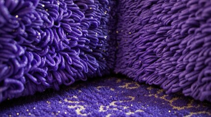 Aufkleber - Close-up view of textured purple fabric corners with soft fibers and sparkles on patterned background. Copy Space