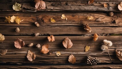 Aufkleber - Autumn leaves and pine cones arranged on rustic wooden background with natural textures and colors Copy Space