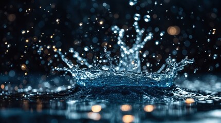 Aufkleber - Water splash with droplets and bokeh effect in dark background, high contrast, blue tones, Copy Space