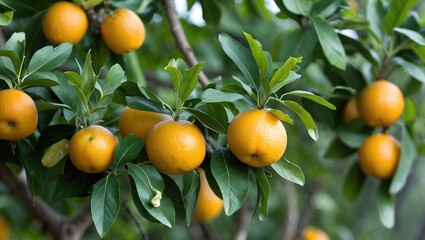 Poster - Fresh oranges on tree branches surrounded by green leaves, showcasing ripe fruit and vibrant colors, with Copy Space available.