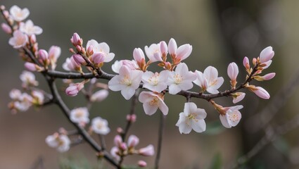 Poster - Cherry blossom branch with pink and white flowers against a blurred background Copy Space