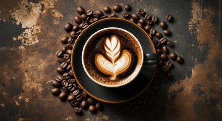 Poster - Coffee cup with latte art on wood surface surrounded by coffee beans Copy Space