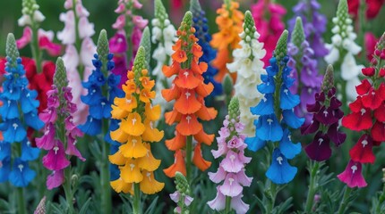 Poster - Colorful array of snapdragon flowers in various shades including pink, purple, orange, blue and white with green foliage Copy Space