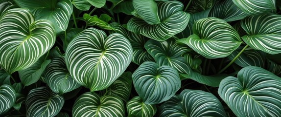 Aufkleber - Tropical green foliage with heart-shaped leaves and striking white stripes, lush plant background, Copy Space