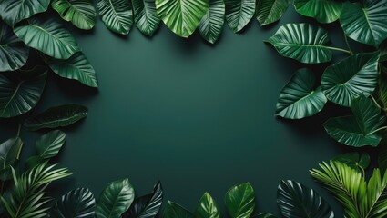 Poster - Tropical green leaves arrangement on dark background with plenty of space for text and design elements Copy Space