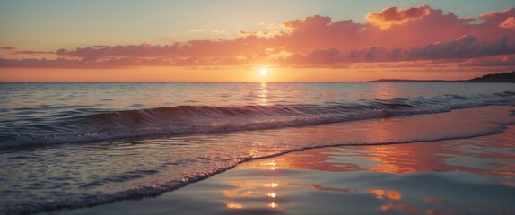 Poster - sunset over calm ocean waves with colorful clouds reflecting on the water surface near the shore cop