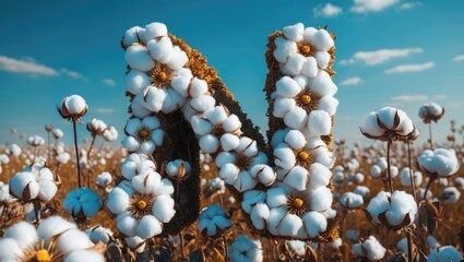 Aufkleber - Letter N made of cotton flowers in a cotton field against a blue sky with clouds, vibrant colors, bright daylight, Copy Space