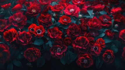 Poster - Dense arrangement of vibrant red flowers with dark green leaves suitable for floral backgrounds and designs Copy Space