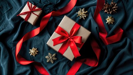 Aufkleber - Christmas themed gift boxes with red ribbons on dark fabric background decorated with golden snowflakes and pine cones Copy Space