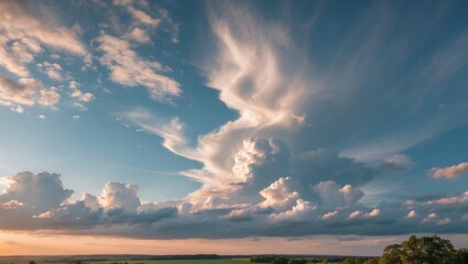 Poster - Vibrant sky with dramatic clouds at sunset over a vast landscape with horizon and greenery in foreground Copy Space