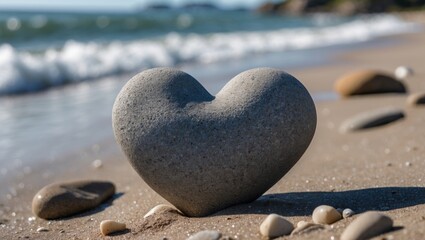 Aufkleber - Heart-shaped stone on the beach with gentle waves in the background and small pebbles in the foreground Copy Space
