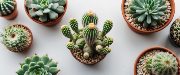 Poster - Potted cacti and succulents arranged on a white surface with decorative pebbles in terracotta pots Copy Space
