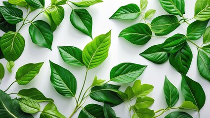 Poster - Green leaves of various shapes and sizes arranged on a white background with copy space for text placement.