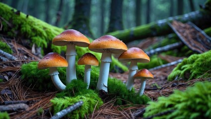 Poster - Mushrooms growing on forest floor surrounded by green moss and pine needles in a woodland setting with soft natural light