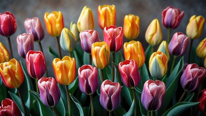 Aufkleber - Colorful tulips in bloom with varying shades of pink, yellow, and purple against a soft textured background with Copy Space