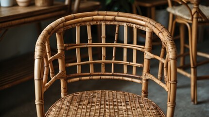 Aufkleber - Woven rattan chair with natural bamboo finish in modern interior setting with copy space for text.