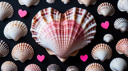 Aufkleber - Colorful seashells arranged with a heart-shaped shell in the center alongside pink decorative hearts on a dark background Copy Space