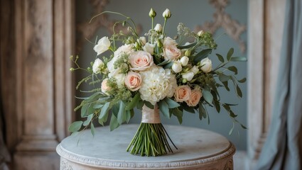 Aufkleber - Bridal bouquet with pink roses, white tulips, and greenery arranged elegantly on a vintage table against a soft background with copy space.