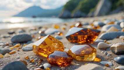 Poster - Amber gemstones scattered on a sandy beach with pebbles and a blurred ocean in the background, natural light, Copy Space