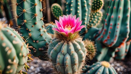 Aufkleber - Colorful cactus with pink flower blooming among green spines in natural desert setting with blurred background Copy Space
