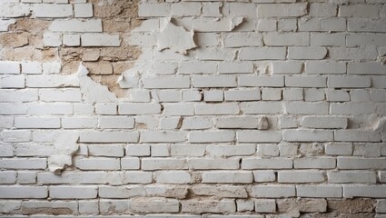 Aufkleber - Textured white brick wall with peeling paint and exposed patches showing underlying material suitable for industrial or rustic backgrounds Copy Space