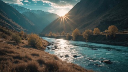 Poster - Scenic river landscape with autumn foliage and mountains during sunset with sun rays and reflections on water Copy Space