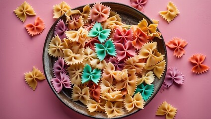 Poster - Colorful farfalle pasta in a round bowl on a pink background with scattered pasta shapes around the bowl and copy space available