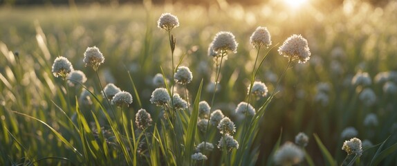 Poster - Field of white flowering plants in sunlight with green grass and soft bokeh background Copy Space