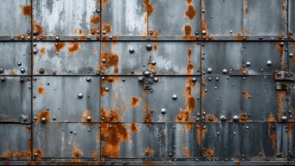 Aufkleber - Metallic wall texture with rust, rivets and patina, grunge industrial backdrop, weathered iron surface, Copy Space