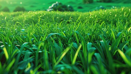 Poster - Lush green grass field with sunlight shining through creating a vibrant and fresh atmosphere Copy Space