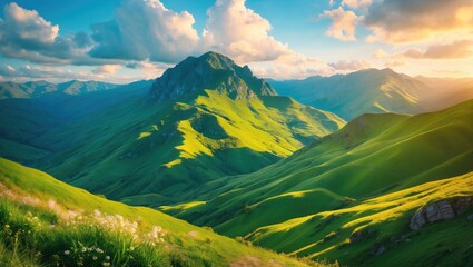Aufkleber - Vibrant green rolling hills under a dramatic sky with fluffy clouds and majestic mountains in the background nature landscape Copy Space