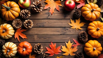 Poster - Autumn seasonal arrangement with pumpkins apples pinecones and colorful leaves on wooden background with Copy Space for text