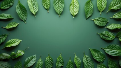 Poster - Arrangement of various green leaves on a green background with Copy Space for text insertion
