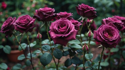 Aufkleber - Dark purple roses in a lush garden setting with green foliage and buds, vibrant floral arrangement, Copy Space