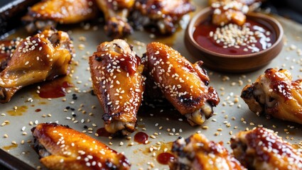 Poster - Grilled chicken wings coated in barbecue sauce and sesame seeds served on a baking tray with a small bowl of dipping sauce and copy space