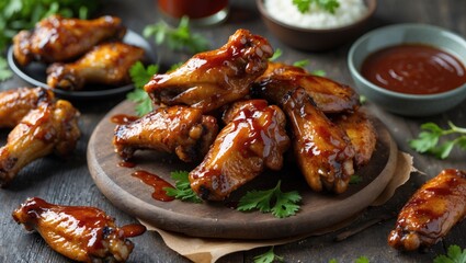 Poster - Grilled chicken wings glazed with barbecue sauce on a wooden platter surrounded by dipping sauces and garnished with herbs Copy Space