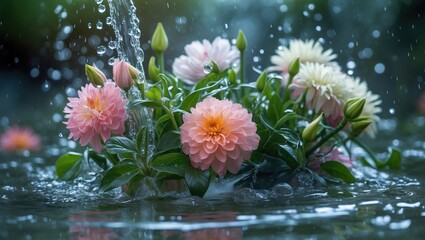 Poster - dahlia flowers in water with splashes rain droplets fresh floral arrangement nature scene copy space