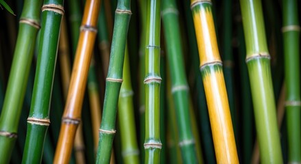 Poster - Close-up of vibrant green and yellow bamboo stalks with textured surfaces and natural patterns Copy Space