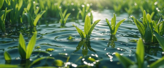 Poster - Close-up of green grass shoots emerging from water surface with ripples and sunlight reflections in the background Copy Space