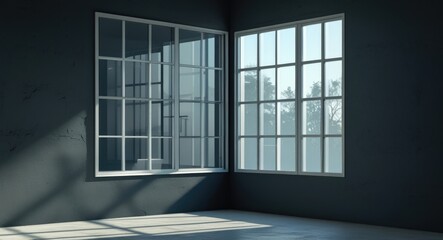 Aufkleber - Light-filled modern interior with large windows showcasing trees outside and clean lines on a concrete wall, Copy Space available.