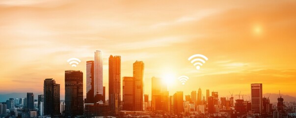 Leinwandbilder - Beautiful skyline at sunset with wireless connectivity symbols representing technology and urban innovation
