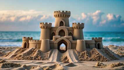 Poster - Sandcastle on a beach with ocean waves and clouds in the background showcasing intricate design and textures Copy Space
