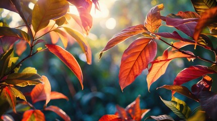 Aufkleber - Colorful autumn leaves in sunlight against a blurred green background with natural light bokeh Copy Space