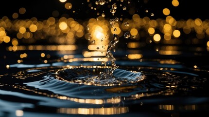 Poster - Water splash with ripples and golden bokeh lights in the background suitable for text overlay Copy Space