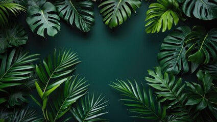 Poster - Tropical green leaves border on dark background with ample copy space for text insertion